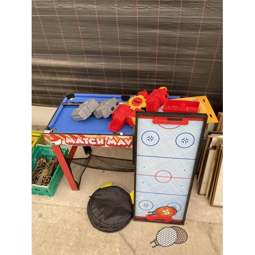 2074 - AN ASSORTMENT OF TOYS TO INCLUDE A CHILDS POOL TABLE AND A ROBOT ETC