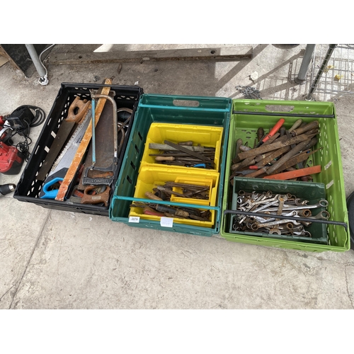 2079 - THREE BOXES OF VARIOUS HAND TOOLS TO INCLUDE SAWS, FILES, SPANNERS, ETC