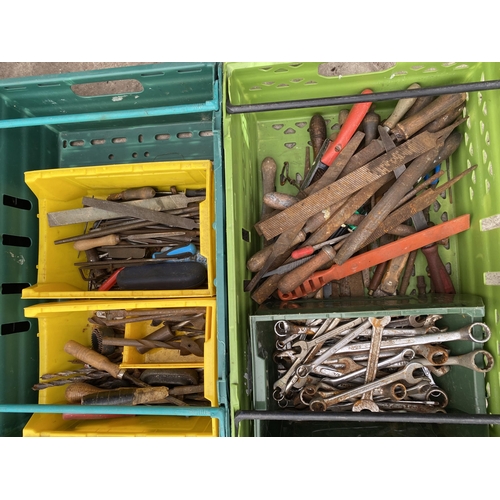 2079 - THREE BOXES OF VARIOUS HAND TOOLS TO INCLUDE SAWS, FILES, SPANNERS, ETC