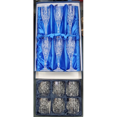 135 - A SET OF SIX ROYAL WORCESTER CHAMPAGNE FLUTES PLUS A BOX OF SIX STUART CRYSTAL WHISKEY TUMBLERS