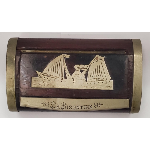 144 - A VINTAGE MAHOGANY AND METAL SNUFF BOX WITH AN INLAID IMAGE OF 'LA BISONTINE' SHIP