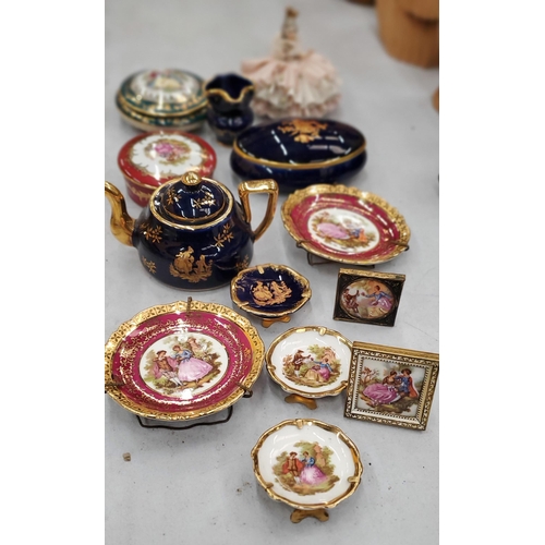 149 - A COLLECTION OF MINIATURE LIMOGES TO INCLUDE TRINKET BOXES, PLATES, A TEAPOT, ETC PLUS A DRESDEN LAD... 