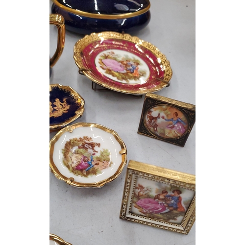 149 - A COLLECTION OF MINIATURE LIMOGES TO INCLUDE TRINKET BOXES, PLATES, A TEAPOT, ETC PLUS A DRESDEN LAD... 