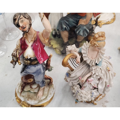 227 - FIVE FIGURES TO INCLUDE THE DRUNKEN TRAMP ON A BENCH, A CAPODIMONTE FIGURE OF A LADY PLAYING A HARP ... 
