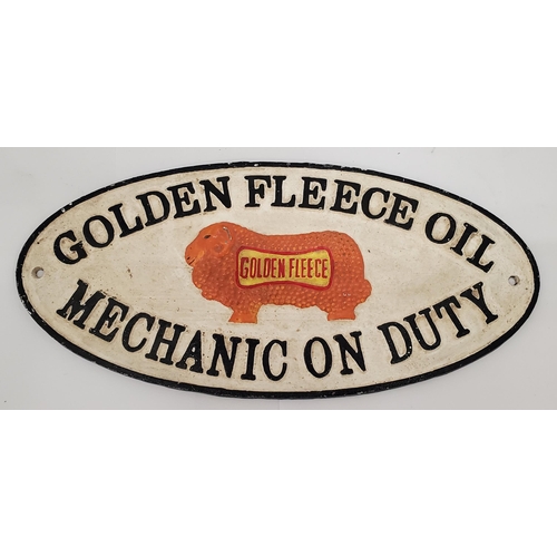 234 - A CAST METAL SIGN GOLDEN FLEECE OIL MECHANIC ON DUTY