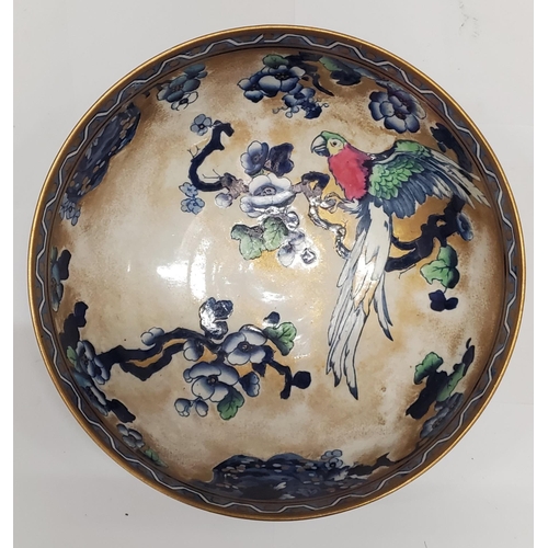 254 - TWO LARGE LOSOL WARE BOWLS DECORATED WITH PARROTS AND FOLIAGE