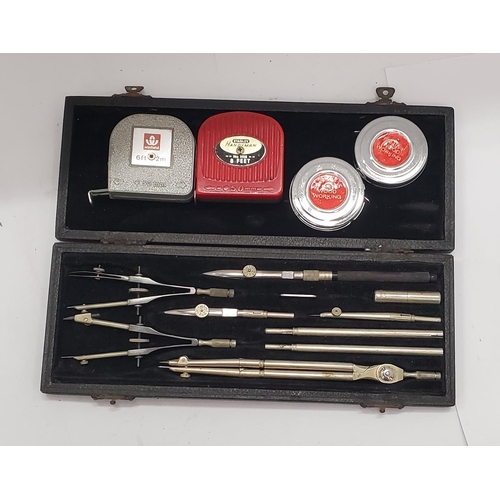 273 - A VINTAGE DRAWING SET, COMPLETE IN CASE, TAPE MEASURES, PLUS A BOX CONTAINING COLLECTABLES