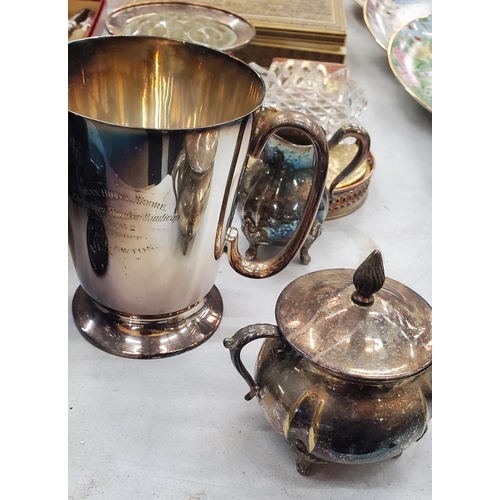 284 - A LARGE MIXED LOT TO INCLUDE GLASSWARE, A VINTAGE BLOOD PRESSURE KIT, SILVER PLATED ITEMS, NUTCRACKE... 