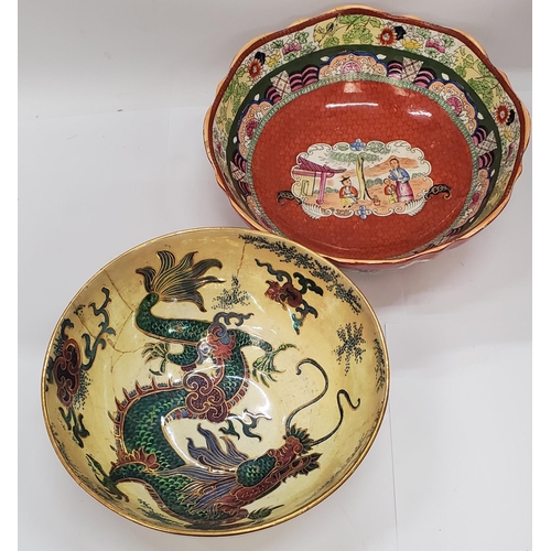 298 - TWO LARGE BOWLS TO INCLUDE A MASON'S ORIENTAL PATTERNED AND A BURSLEY WARE 'DRAGON' - BOTH A/F