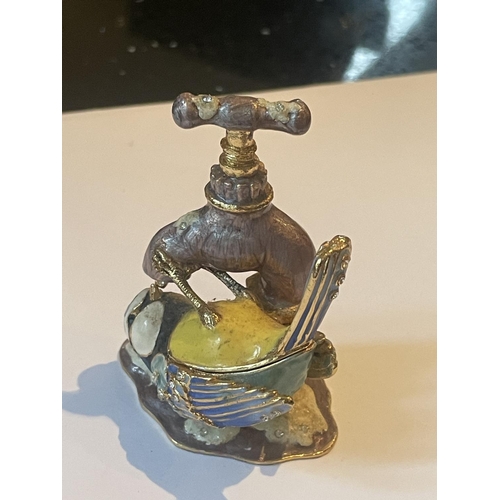 70 - AN ARORA HIDDEN TREASURES HAND PAINTED BLUE TIT DRINKING FROM A TAP TRINKET BOX EMBELLISHED WITH CRY... 