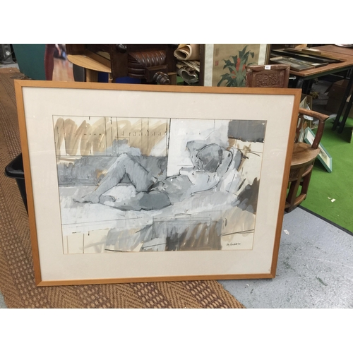 79 - A FRAMED ABSTRACT PEN & INK WATERCOLOUR OF A NUDE LADY, SIGNED RAY BARDETT '82