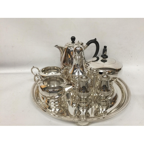 80 - A COLLECTION OF SILVER PLATED ITEMS, TEA SET, CRUET ITEMS, WALKER & HALL ETC