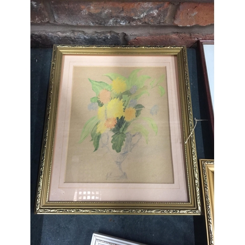 916 - A GILT FRAMED TAPESTRY OF A WINDMILL, FURTHER GILT FRAMED FLORAL PRINT, STORK WATERCOLOUR ETC