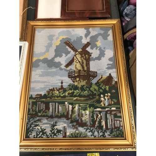 916 - A GILT FRAMED TAPESTRY OF A WINDMILL, FURTHER GILT FRAMED FLORAL PRINT, STORK WATERCOLOUR ETC