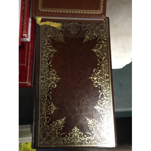 924 - A COLLECTION OF GILT TOOLED BOOKS, DON QUIXOTE, SIR WALTER SCOTT NOVELS ETC