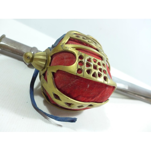 428 - A REPLICA SCOTTISH BASKET HILT SWORD AND SCABBARD, 85CM BLADE, LENGTH 105CM