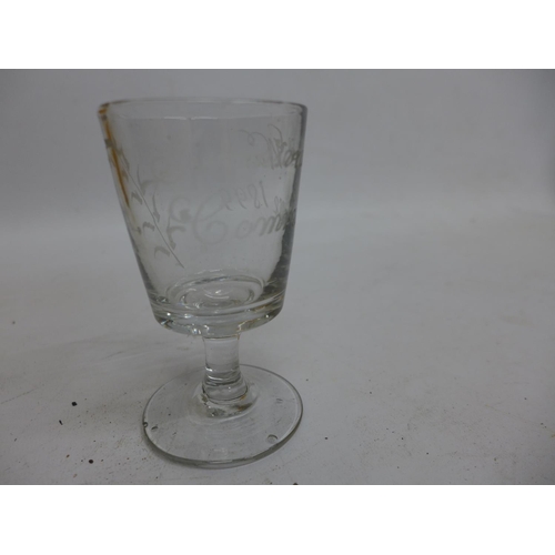 459 - A BOER WAR COMMEMORATIVE GLASS, WITH INSCRIPTION 'TRANSVAAL WAR COMMENCE 1899', HEIGHT 11CM