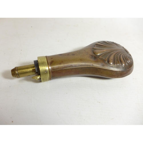 471 - A COPPER AND BRASS POWDER FLASK, LENGTH 20CM