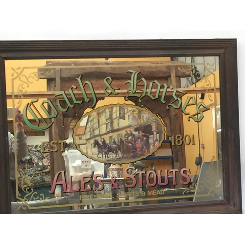 19 - A LARGE VINTAGE WOODEN FRAMED COACH AND HORSES PUB MIRROR, 68.5CM X 93.5CM