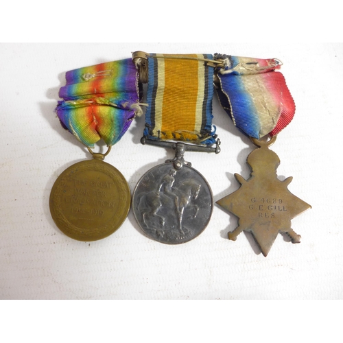 482 - A WORLD WAR I TRIO MEDAL GROUP AWARDED TO G.4689 G.E. GILL RES