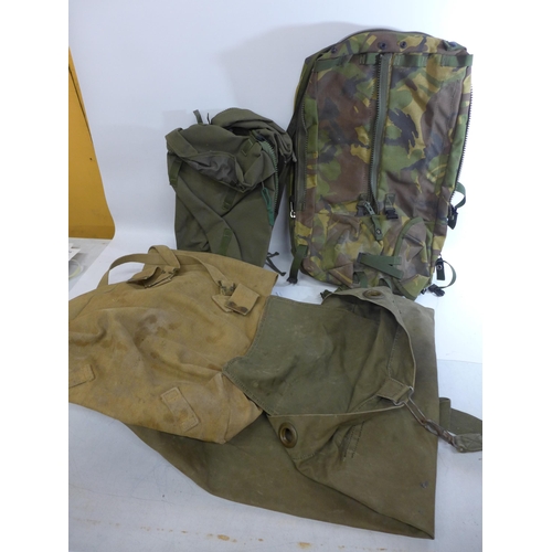 517 - A WORLD WAR II PERIOD CANVAS HAVERSACK, 1951 POUCH SIDE RUCKSACK, ROYAL ENGINEERS KIT BAG AND A CAMO... 