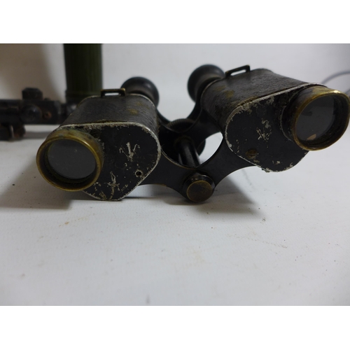 519 - A PAIR OF WORLD WAR I MILITARY SERIES SIX MG. BINOCULARS, TWO FIELD DRESSINGS, TORCH AND A WEBLEY 4X... 