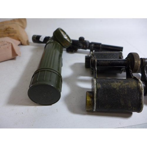 519 - A PAIR OF WORLD WAR I MILITARY SERIES SIX MG. BINOCULARS, TWO FIELD DRESSINGS, TORCH AND A WEBLEY 4X... 