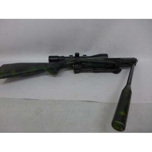 520 - A WEIHRACH .22 CALIBRE AIR RIFLE, 50CM BARREL AND SILENCER, BSA TELESCOPIC SIGHTS CAMOUFLAGE STOCK, ... 