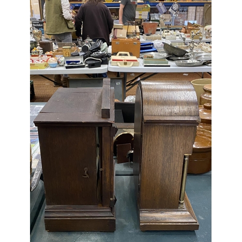 122 - TWO VINTAGE MANTLE CLOCKS, BOTH WITH BADISCHE MOVEMENTS, KEYS AND PENDULUMS