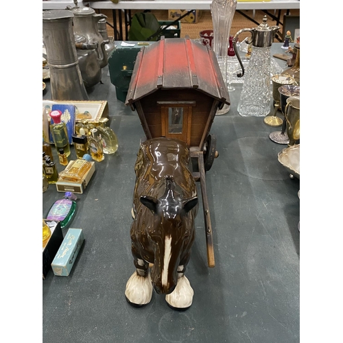 128 - A WOODEN ROMANY CARAVAN WITH A MELBA WARE SHIRE HORSE