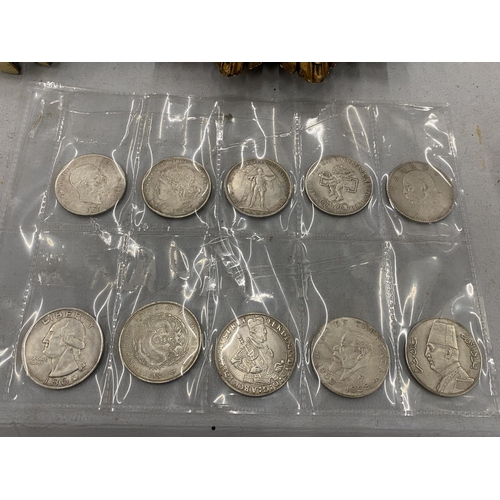 133 - TEN COLLECTORS FOREIGN COINS TO INCLUDE AN 1865 US DOLLAR, ETC