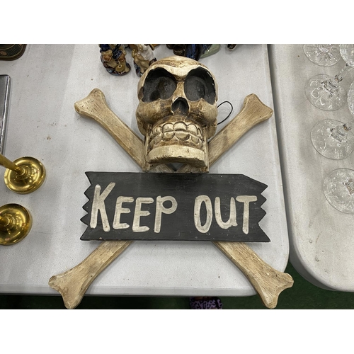 142 - A WOODEN SKULL AND CROSSBONES 'KEEP SIGN' SIGN