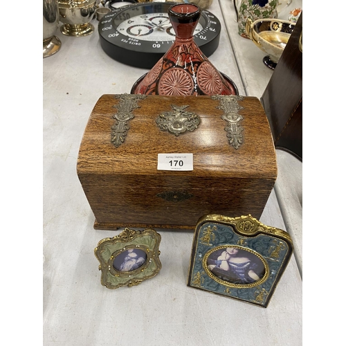 170 - A VINTAGE DOMED BOX WITH METAL FITTINGS, A SMALL TAGINE PLUS TWO VINTAGE STYLE SMALL ENAMELLED PHOTO... 