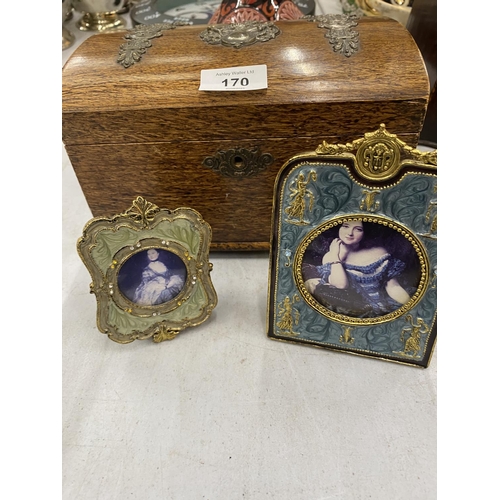 170 - A VINTAGE DOMED BOX WITH METAL FITTINGS, A SMALL TAGINE PLUS TWO VINTAGE STYLE SMALL ENAMELLED PHOTO... 