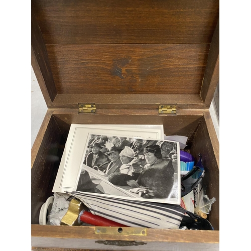 170 - A VINTAGE DOMED BOX WITH METAL FITTINGS, A SMALL TAGINE PLUS TWO VINTAGE STYLE SMALL ENAMELLED PHOTO... 