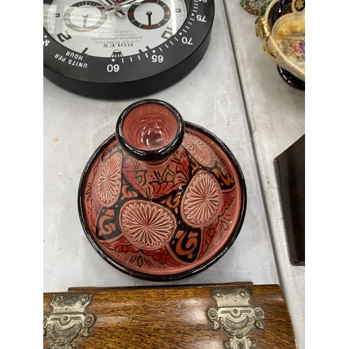 170 - A VINTAGE DOMED BOX WITH METAL FITTINGS, A SMALL TAGINE PLUS TWO VINTAGE STYLE SMALL ENAMELLED PHOTO... 