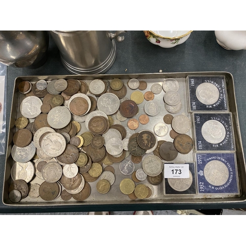 173 - A COLLECTION OF PRE-DECIMAL COINS TO INCLUDE COMMEMORATIVE CROWNS, THREEPENNY BITS, PENNIES, ETC PLU... 