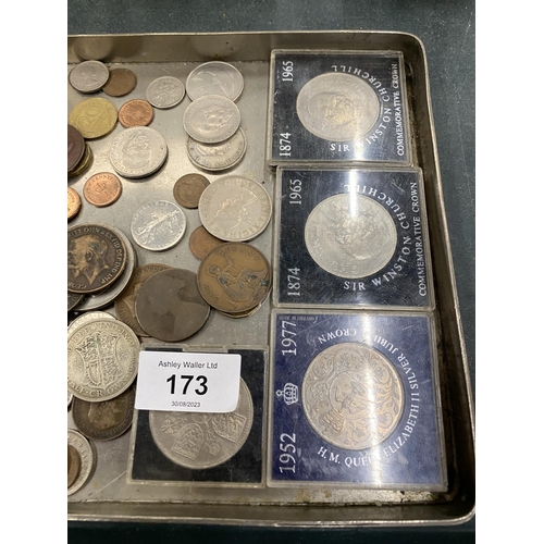 173 - A COLLECTION OF PRE-DECIMAL COINS TO INCLUDE COMMEMORATIVE CROWNS, THREEPENNY BITS, PENNIES, ETC PLU... 