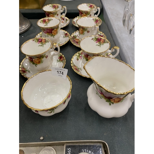 174 - A ROYAL ALBERT 'OLD COUNTRY ROSES' PART TEASET TO INCLUDE A CREAM JUG, SUGAR BOWL AND SIX CUPS AND S... 