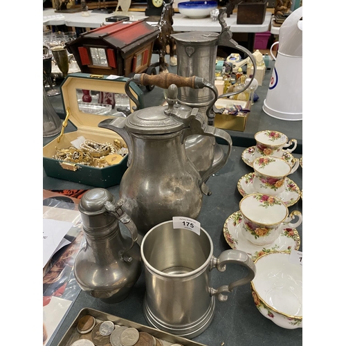 175 - A QUANTITY OF VINTAGE PEWTER TO INCLUDE AN ARTS AND CRAFTS STYLE LARGE JUG, TEAPOT, TANKARD, ETC - 5... 