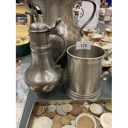 175 - A QUANTITY OF VINTAGE PEWTER TO INCLUDE AN ARTS AND CRAFTS STYLE LARGE JUG, TEAPOT, TANKARD, ETC - 5... 