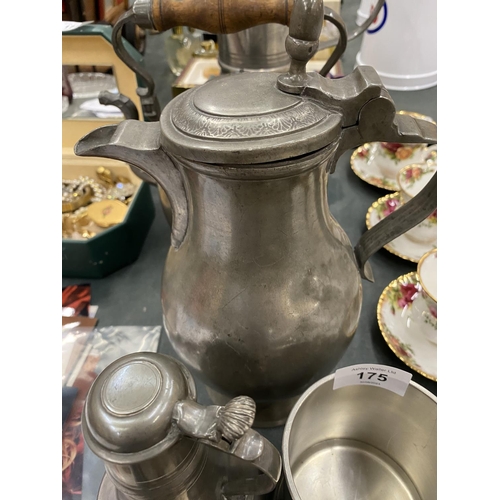 175 - A QUANTITY OF VINTAGE PEWTER TO INCLUDE AN ARTS AND CRAFTS STYLE LARGE JUG, TEAPOT, TANKARD, ETC - 5... 