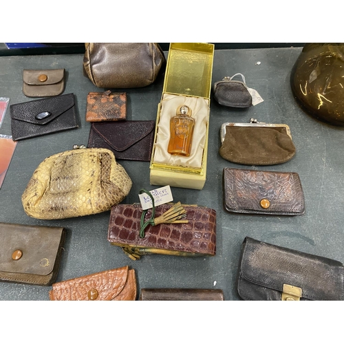 179 - A COLLECTION OF SMALL VINTAGE LEATHER PURSES, CHRISTMAS DECORATIONS, TOY FIGURES, ETC