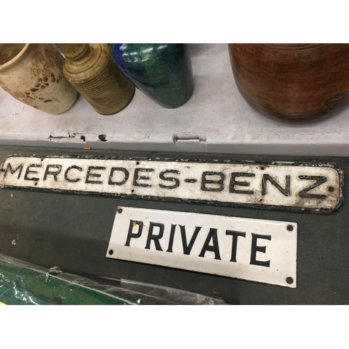 229 - THREE VINTAGE SIGNS, MERCEDES-NENZ, PRIVATE AND LAND ROVER