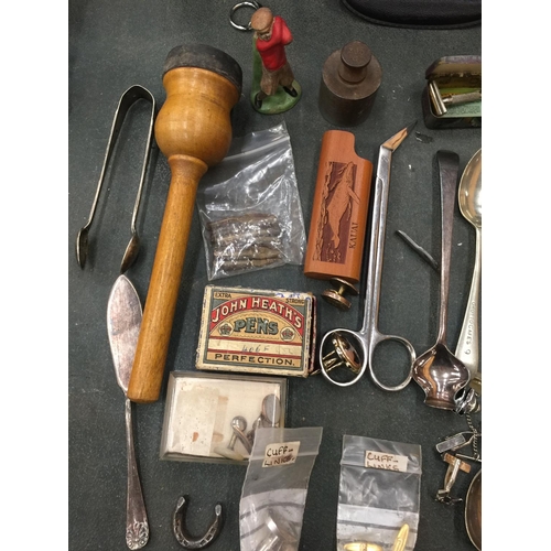 230 - A MIXED LOT TO INCLUDE CUFFLINKS, SUGAR TONGS, COINS, FLATWARE, BADGES, ETC