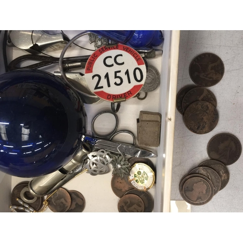 254 - SIX SMALL ENAMELLED LOZENGES, TWO SILVER BADGES, A QUANTITY OF PRE-DECIMAL PENNIES, BADGES, WHISTLES... 