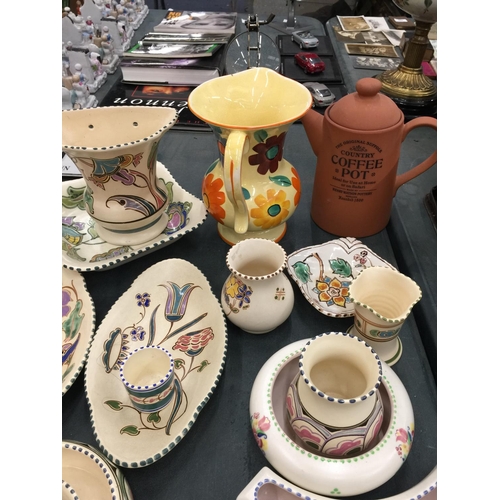 269 - A COLLECTION OF HONITON DEVON POTTERY TO INCLUDE VASES, A TOAST RACK, BUTTER DISH, BOWLS, ETC, PLUS ... 