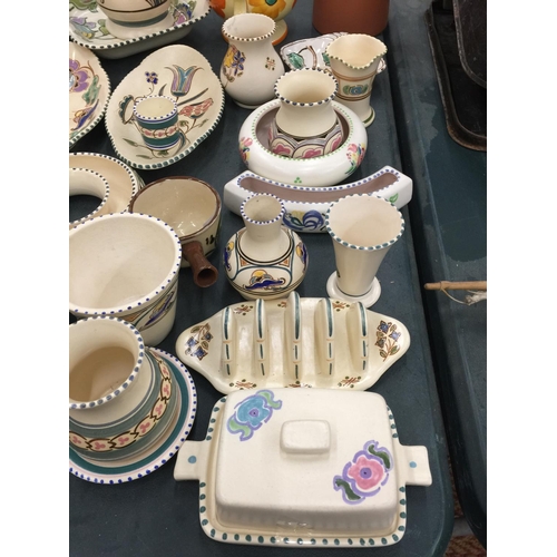 269 - A COLLECTION OF HONITON DEVON POTTERY TO INCLUDE VASES, A TOAST RACK, BUTTER DISH, BOWLS, ETC, PLUS ... 