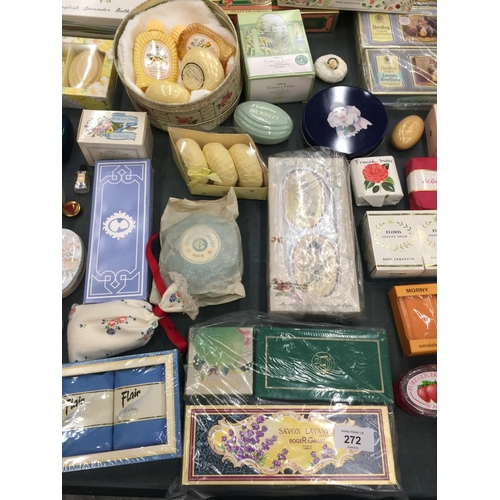 272 - A LARGE QUANTITY OF VINTAGE SOAPS TO INCLUDE YARDLEY, BRONNLEY, ETC