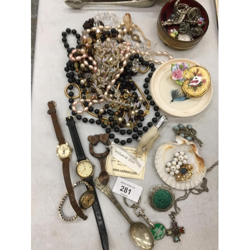 281 - A LARGE QUANTITY OF COSTUME JEWELLERY TO INCLUDE BROOCHES, NECKLACES, WATCHES, RINGS, ETC